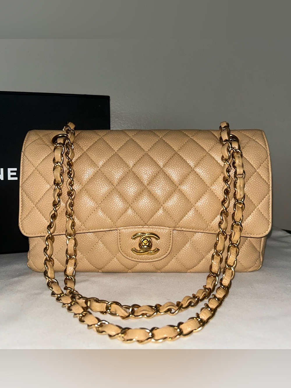 CHANEL Medium Classic Double Flap Caviar Quilted Handbag Beige/Gold Hardware